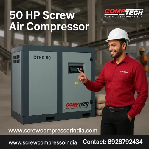 50 HP 2-Stage Screw Air Compressor by Comptech with energy-saving VFD and IE4 PM Motor, ideal for industrial use