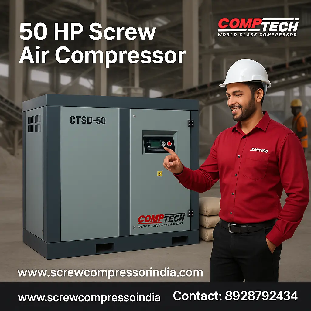 50 HP 2-Stage Screw Air Compressor by Comptech with energy-saving VFD and IE4 PM Motor, ideal for industrial use